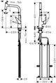 Hansgrohe Spültischmischer mit Ausziehauslauf, dargestellt in technischen Zeichnungen. Funktionen und Dimensionen sind präzise abgebildet.